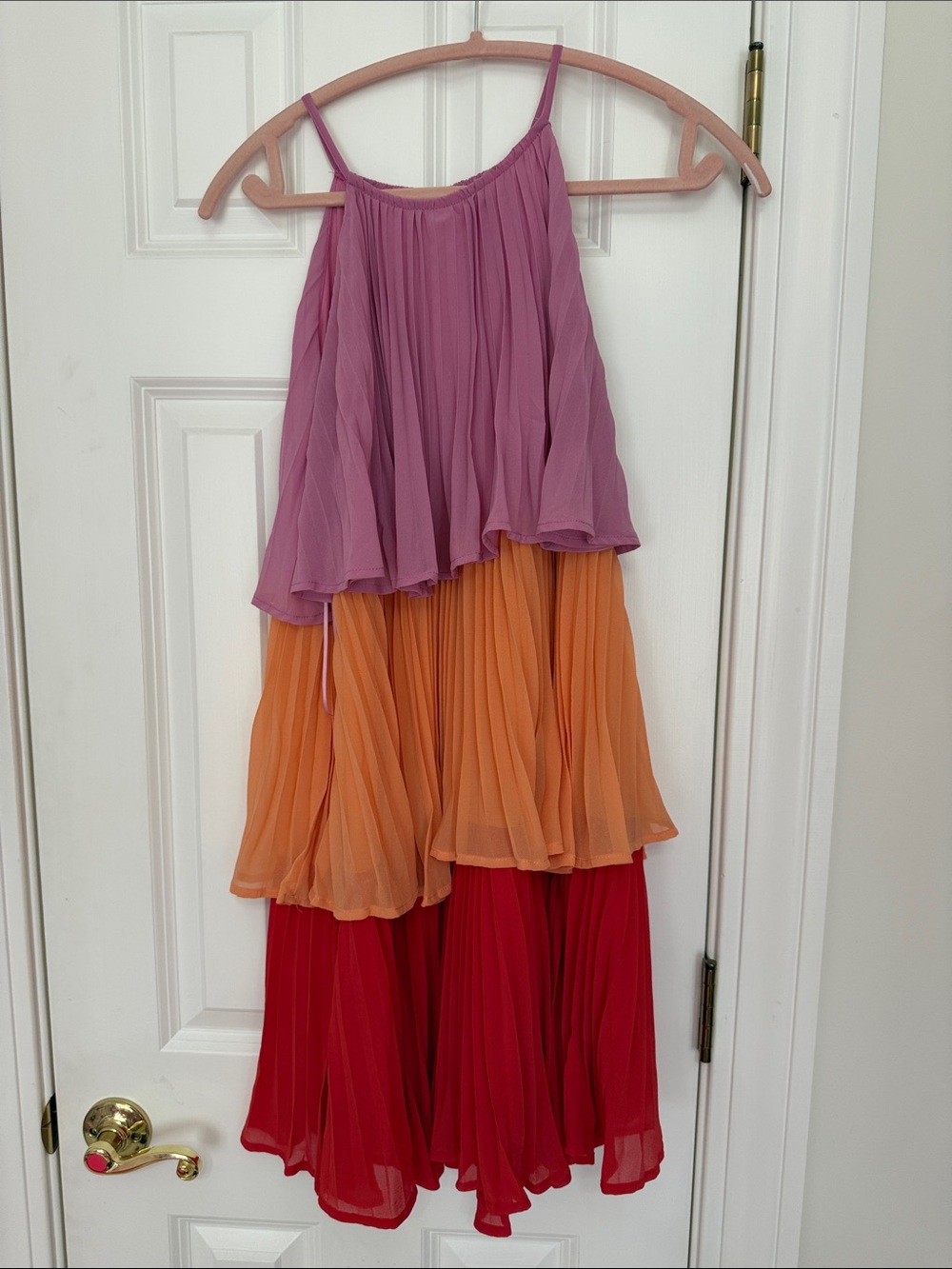Flying Tomato Tiered Pleated Maxi Dress in Pink, Orange & Red